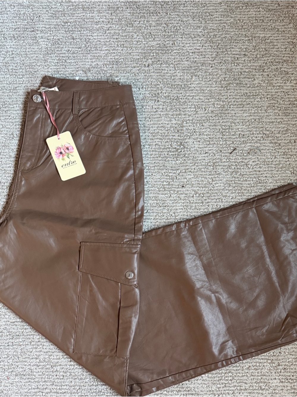 entro Brown Faux Leather Cargo Pants